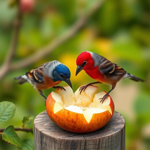 Garden birds feeding on chopped apple