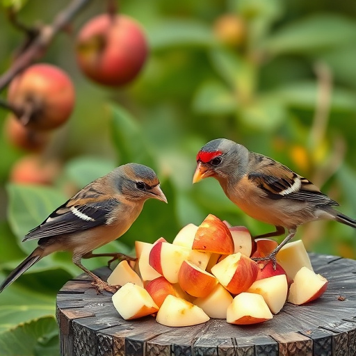 Garden birds feeding on chopped apple
