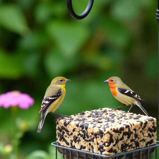 Garden birds feeding on suet cubes