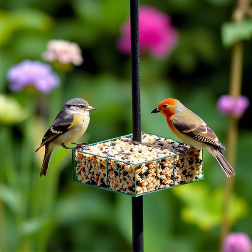 Garden birds feeding on suet cubes