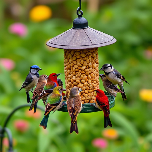 Garden birds gathered around peanut feeder