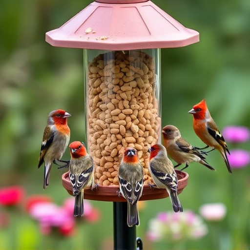 Garden birds gathered around peanut feeder