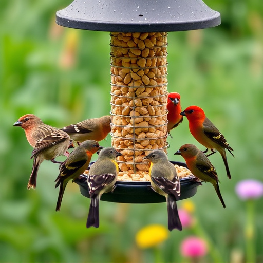 Garden birds gathered around peanut feeder