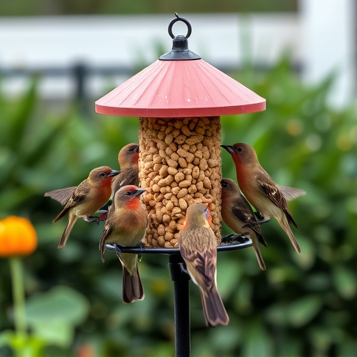Garden birds gathered around peanut feeder