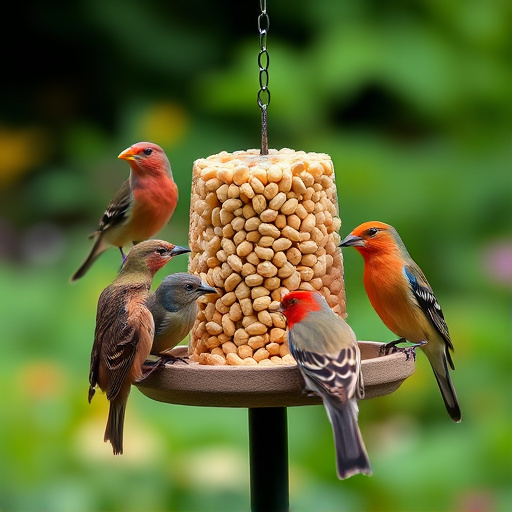 Garden birds gathered around peanut feeder