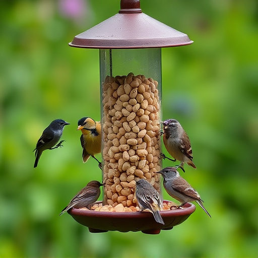 Garden birds gathered around peanut feeder