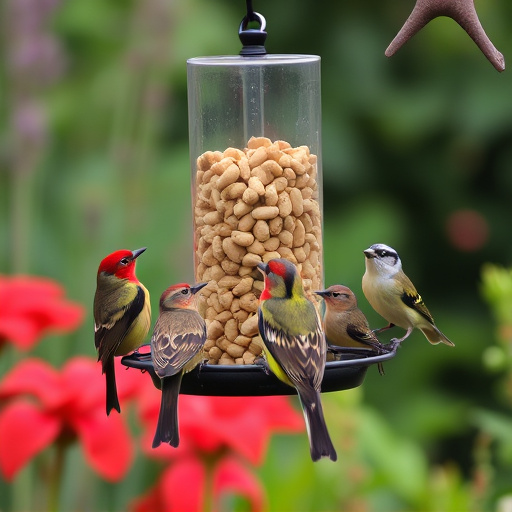 Garden birds gathered around peanut feeder