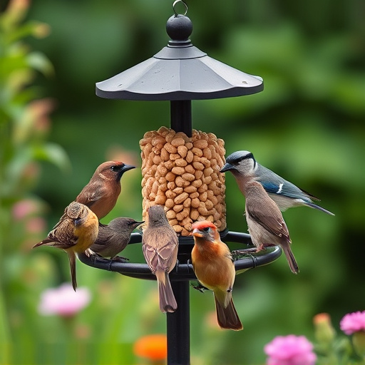 Garden birds gathered around peanut feeder