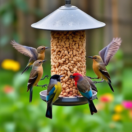 Garden birds gathered around peanut feeder