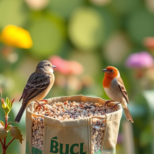 Garden birds near bulk seed bag