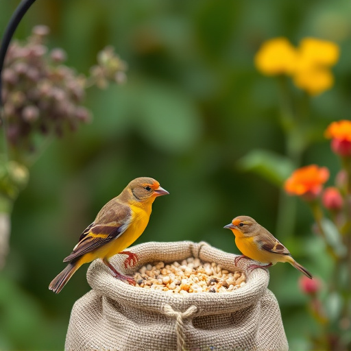Garden birds near bulk seed bag