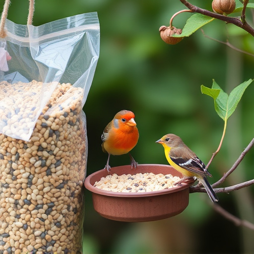 Garden birds near bulk seed bag