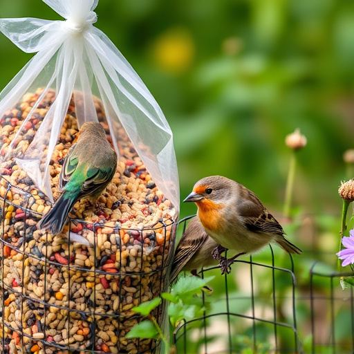 Garden birds near bulk seed bag