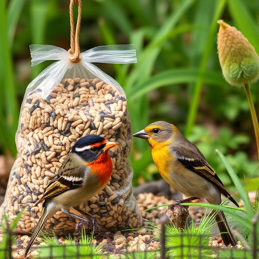 Garden birds near bulk seed bag