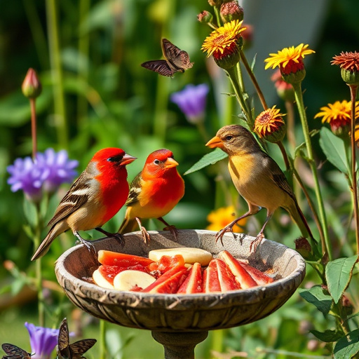 Garden birds near freshly delivered food