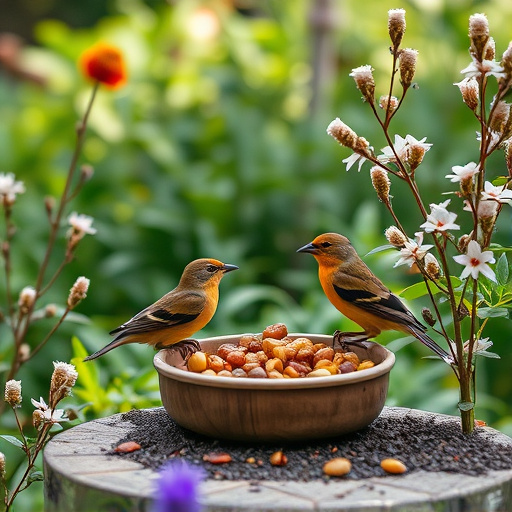 Garden birds near freshly delivered food