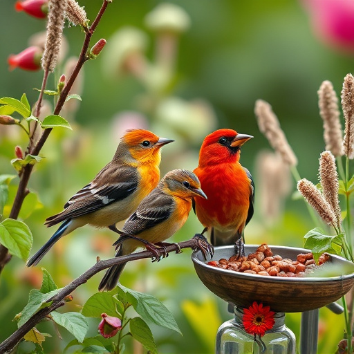 Garden birds near freshly delivered food
