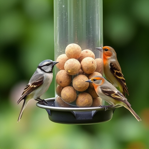 Garden birds sharing fat balls in feeder