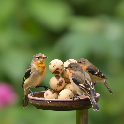 Garden birds sharing fat balls in feeder