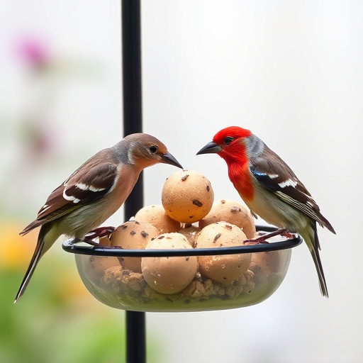 Garden birds sharing fat balls in feeder