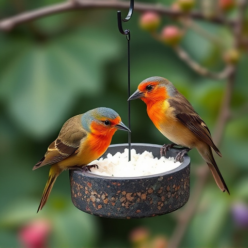 Garden birds sharing suet block holder
