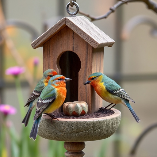 Garden birds sharing suet block holder