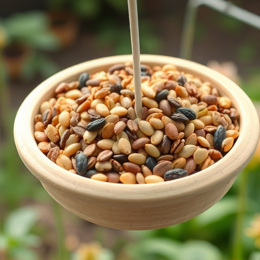 Garden feeder filled with mixed seeds