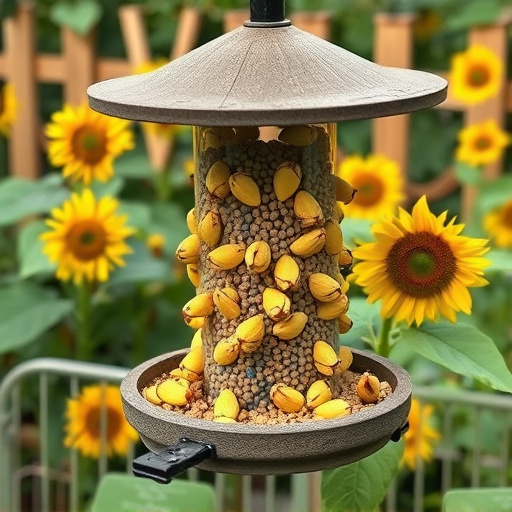 Garden feeding station filled with sunflower hearts