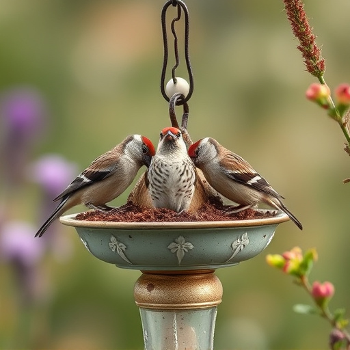 Garden sparrows eating from roofed dish