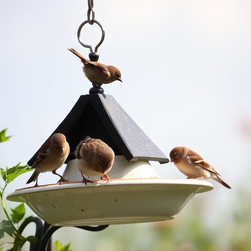 Garden sparrows eating from roofed dish