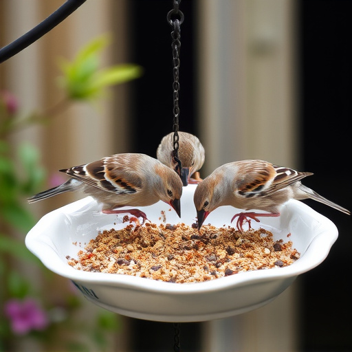 Garden sparrows eating from roofed dish