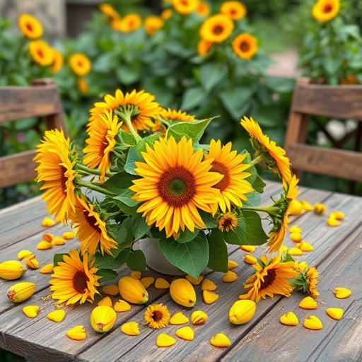 Garden table scattered with sunflower hearts