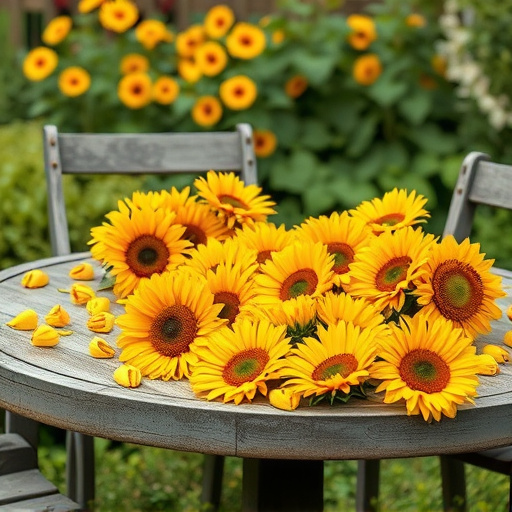 Garden table scattered with sunflower hearts