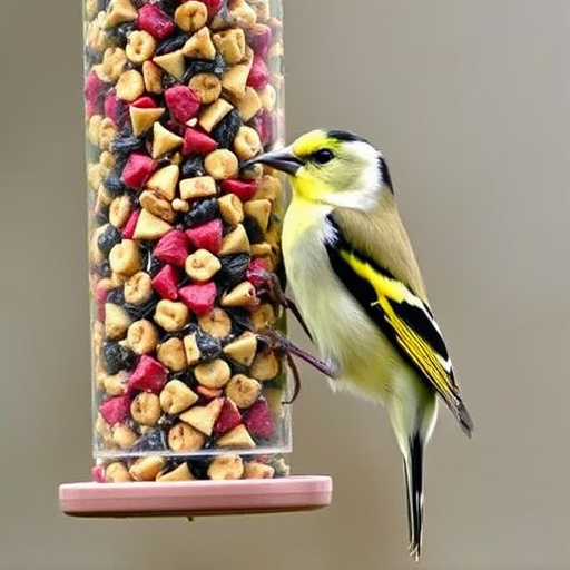 Goldfinch eating from hanging seed tube
