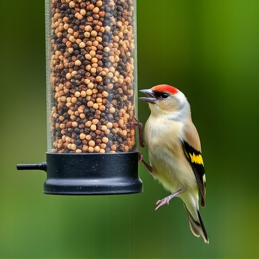 Goldfinch eating from hanging seed tube