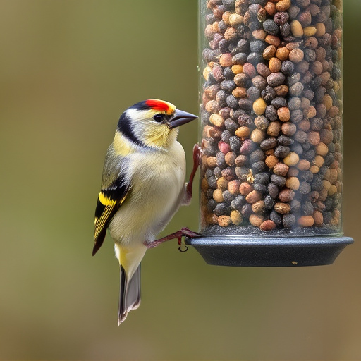Goldfinch eating from hanging seed tube