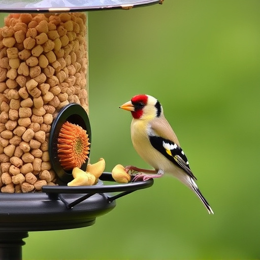 Goldfinch eating sunflower hearts from feeder