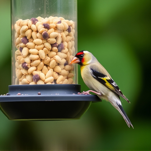 Goldfinch eating sunflower hearts from feeder