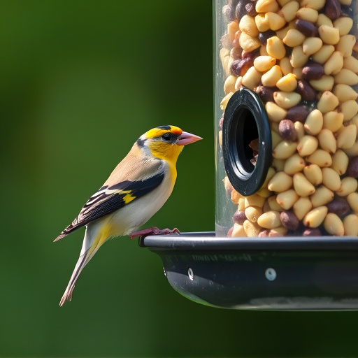 Goldfinch eating sunflower hearts from feeder