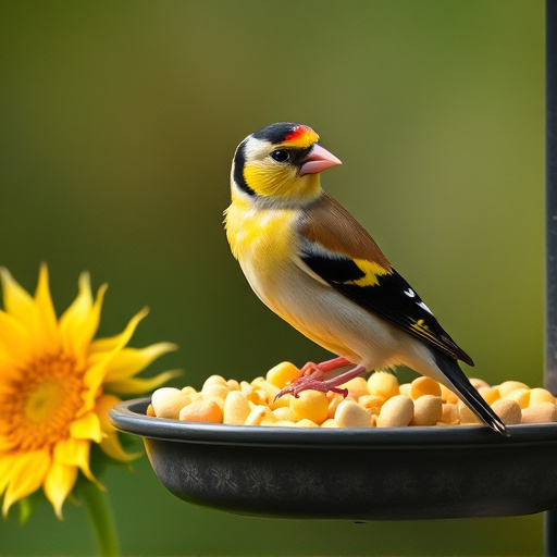 Goldfinch eating sunflower hearts from feeder
