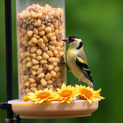 Goldfinch eating sunflower hearts from feeder