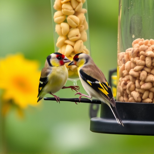 Goldfinch eating sunflower hearts from feeder