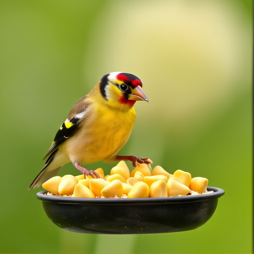 Goldfinch eating sunflower hearts from feeder