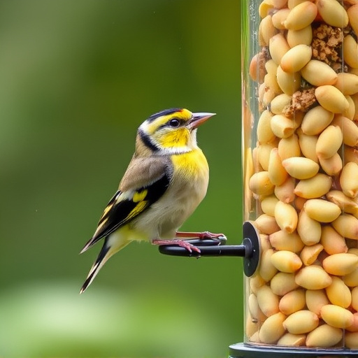 Goldfinch eating sunflower hearts from feeder