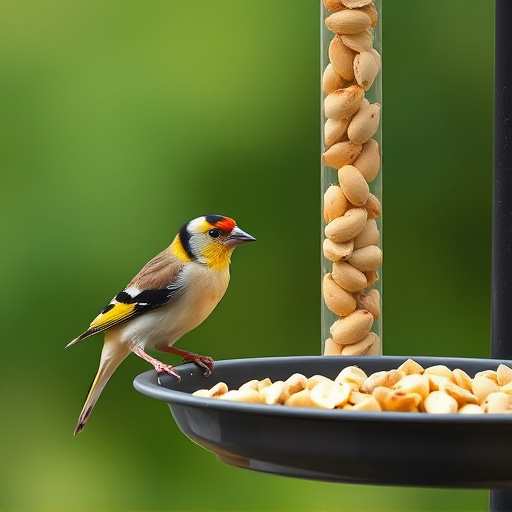 Goldfinch eating sunflower hearts from feeder
