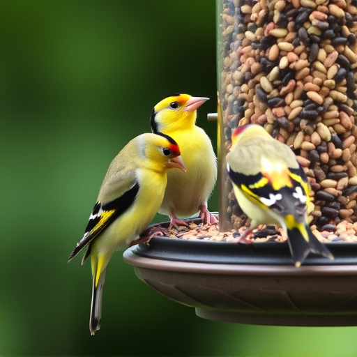 Goldfinches feeding on niger seed feeder
