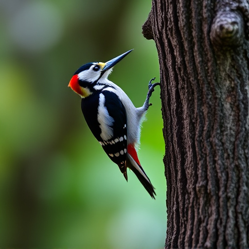Great spotted woodpecker on tree trunk