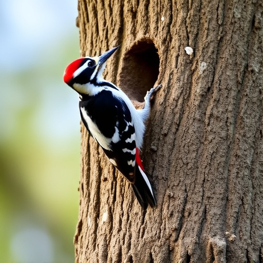 Great spotted woodpecker on tree trunk