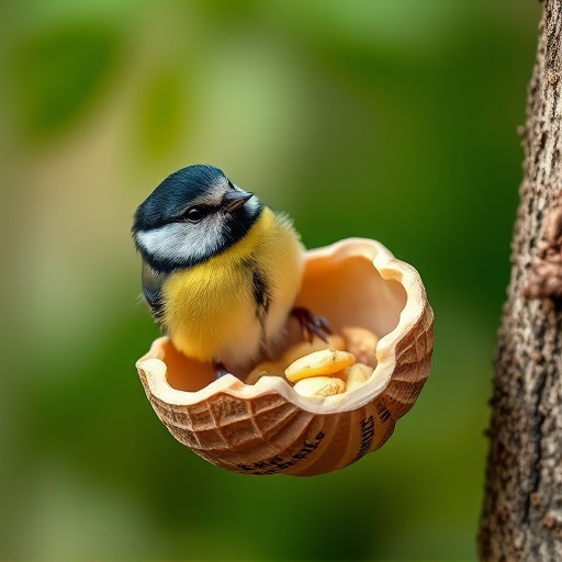 Great tit cracking open peanut shell
