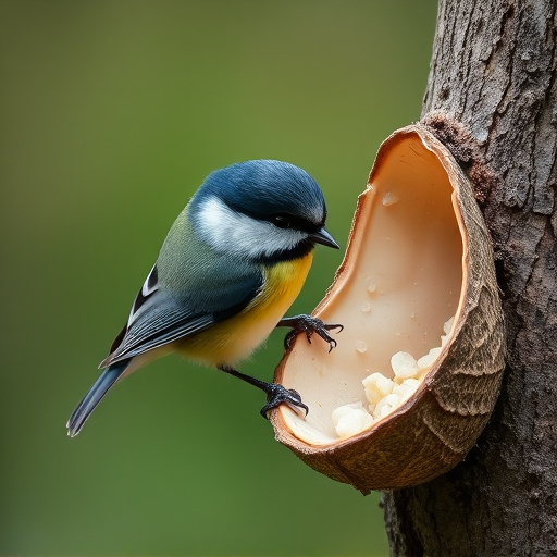 Great tit cracking open peanut shell